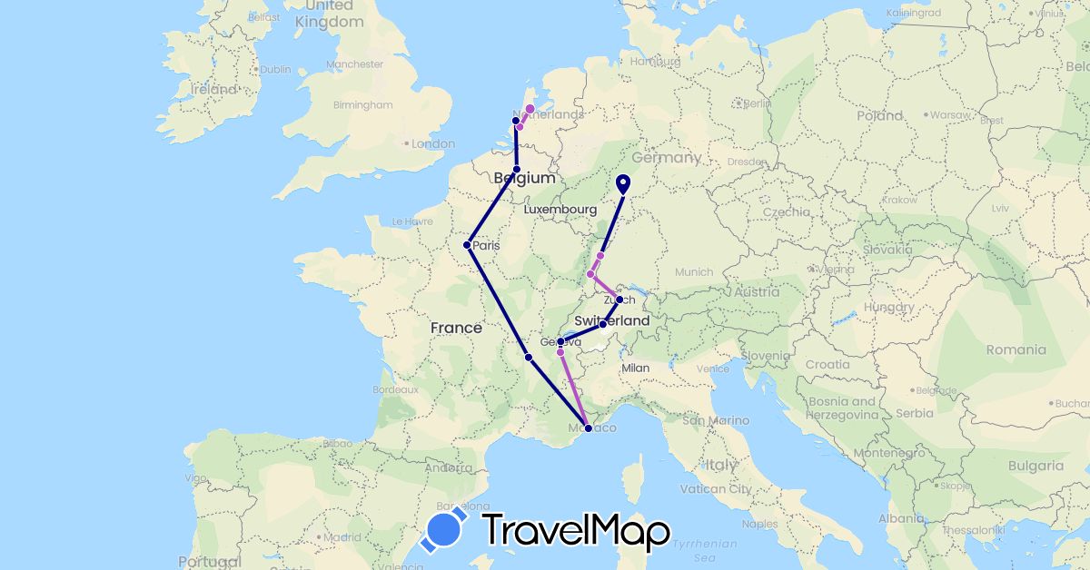 TravelMap itinerary: driving, train in Belgium, Switzerland, Germany, France, Netherlands (Europe)